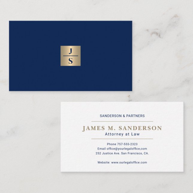 Luxury elegant monogram navy gold attorney business card (Front/Back)