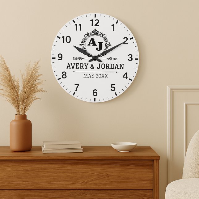 Luxury Elegant Monogram with Initials white Large Clock (Creator Uploaded)