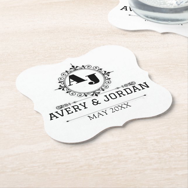 Luxury Elegant Monogram with Initials white Paper Coaster (Angled)