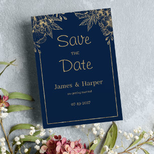 Luxury elegant navy blue gold floral Save the Date Invitation