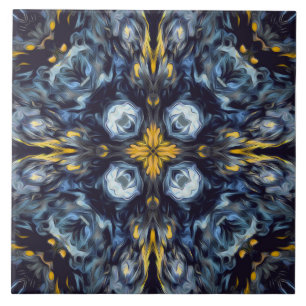 Luxury, elegant, navy blue mandala, yellow details ceramic tile
