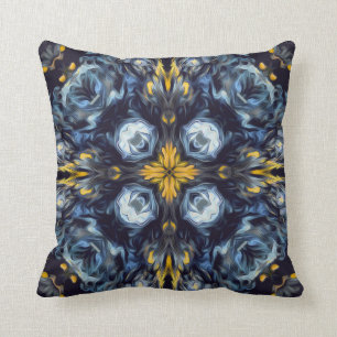Luxury, elegant, navy blue mandala, yellow details cushion