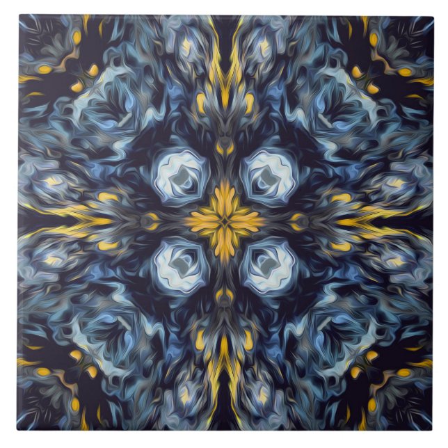 Luxury, elegant, navy blue, vintage, yellow detail ceramic tile (Front)
