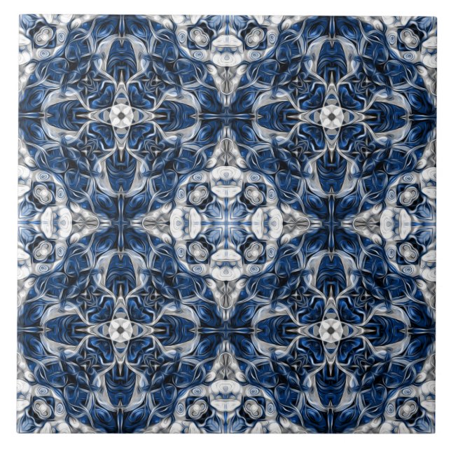 Luxury, elegant, ornamental navy blue and white ceramic tile (Front)