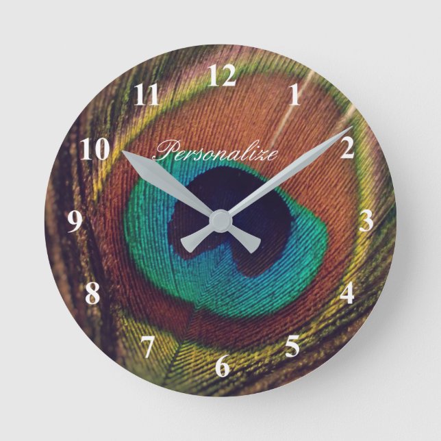 Luxury elegant peacock feather eye photo custom round clock (Front)