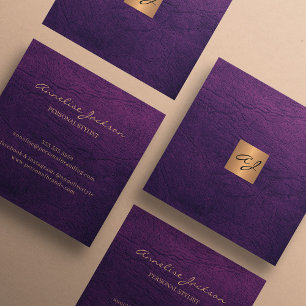 Luxury elegant purple leather copper gold monogram square business card