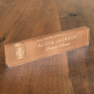 Luxury elegant rose gold copper glitter monogram nameplate