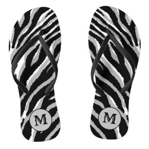 Luxury Elegant Silver Black Monogrammed Tiger Thongs