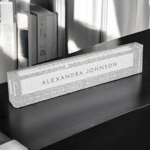 Luxury Elegant Silver Glitter Sparkle Modern Nameplate