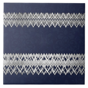 Luxury, elegant, silver lines, navy blue damasc ceramic tile