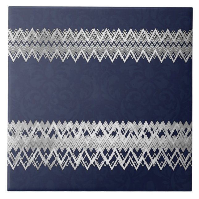 Luxury, elegant, silver lines, navy blue damasc ceramic tile (Front)