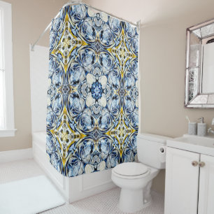 Luxury, elegant, vines, mustard yellow, navy blue shower curtain