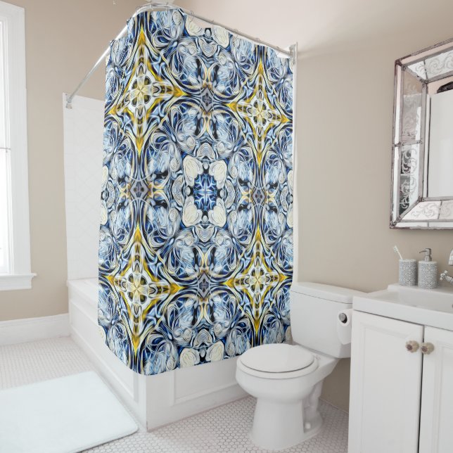 Luxury, elegant, vines, mustard yellow, navy blue shower curtain (In Situ)