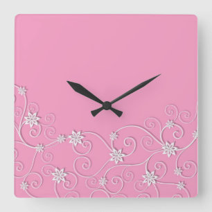 Luxury Elegant White Swirls Pink Clock