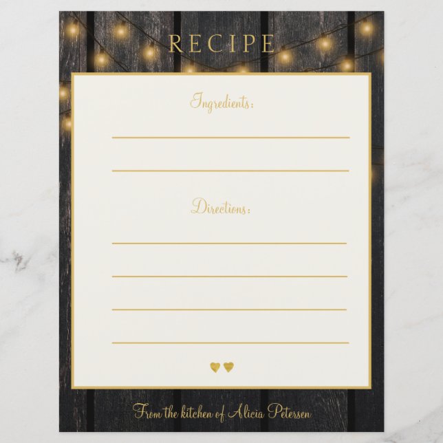 Luxury elegant wood gold typography recipe card (Front)