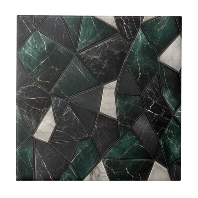 Luxury Emerald and Charcoal Black Marble Geometric Ceramic Tile (Front)