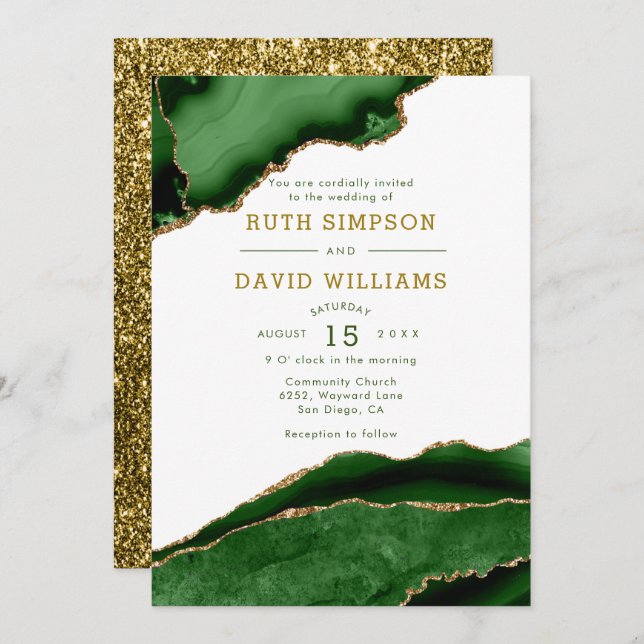 Luxury Emerald and Gold Glitter Agate Wedding   Invitation (Front/Back)