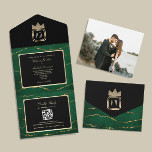 Luxury Emerald Black Gold Monogram Photo Wedding All In One Invitation