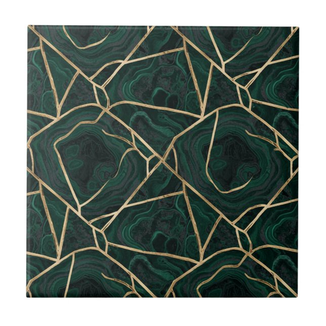 Luxury Emerald & Brass Marble Pattern Ceramic Tile (Front)