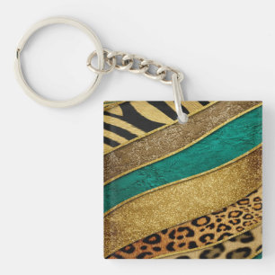 Luxury Emerald & Gold Safari Leopard Zebra Glitter Key Ring