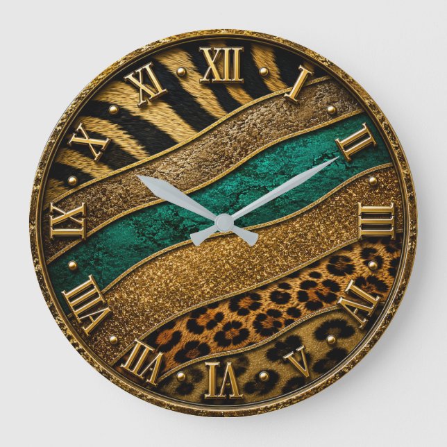 Luxury Emerald & Gold Safari Leopard Zebra Glitter Large Clock (Front)