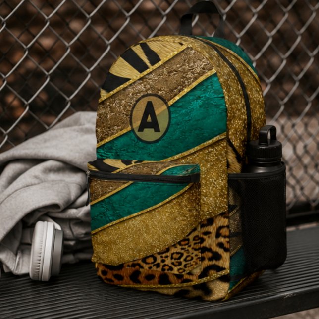 Luxury Emerald & Gold Safari Leopard Zebra Glitter Printed Backpack (Creator Uploaded)