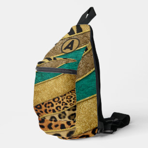 Luxury Emerald & Gold Safari Leopard Zebra Glitter Sling Bag
