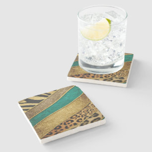 Luxury Emerald & Gold Safari Leopard Zebra Glitter Stone Coaster