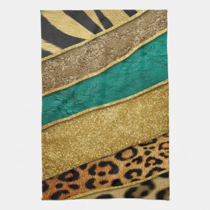 Luxury Emerald & Gold Safari Leopard Zebra Glitter Tea Towel