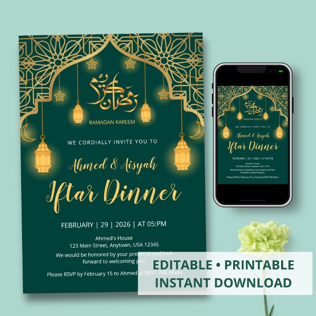 Luxury Emerald Green and Gold Geometric Iftar Invitation (Creator Uploaded)