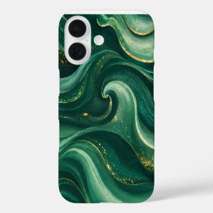 Luxury Emerald Green and Gold Liquid Marble iPhone 16 Case
