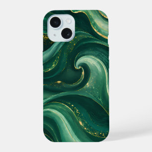 Luxury Emerald Green and Gold Liquid Marble iPhone 15 Case