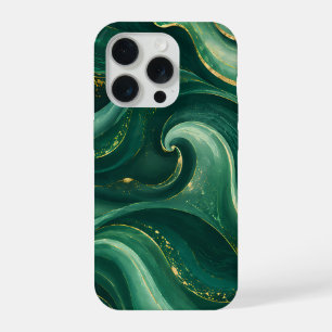 Luxury Emerald Green and Gold Liquid Marble iPhone 15 Pro Case