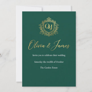 Luxury Emerald Green and Gold Monogram Wedding Inv Invitation