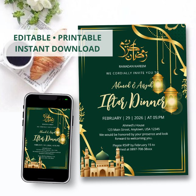 Luxury Emerald Green and Gold Mosque Iftar Dinner Invitation (Creator Uploaded)