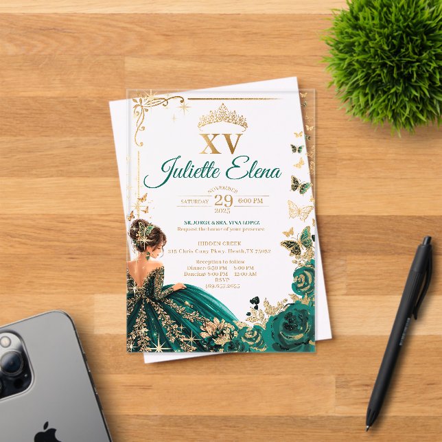 Luxury Emerald Green & Gold Acrylic Quinceañera Invitations (Insitu (Invitation Card))