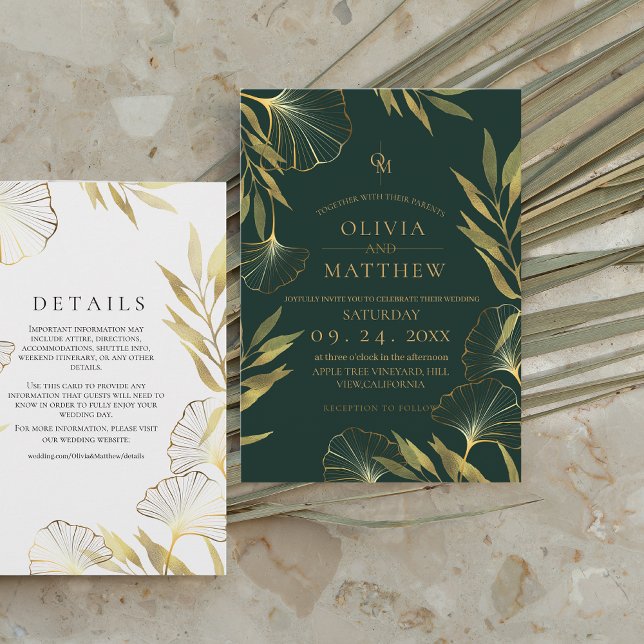  Luxury Emerald Green Gold Leaf Wedding  Invitation (Creator Uploaded)