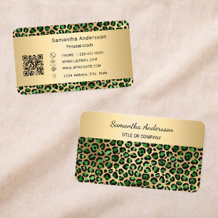 Luxury Emerald Green Gold Leopard Print QR Code Business Card