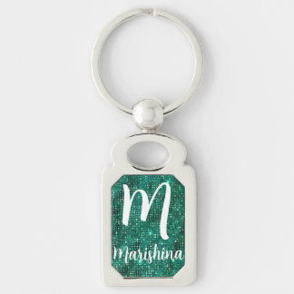 Luxury Emerald Green Shimmering Sequins Monogram Key Ring