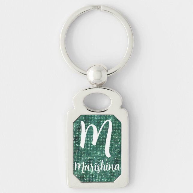 Luxury Emerald Green Shimmering Sequins Monogram Key Ring (Front)