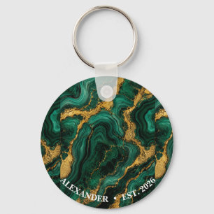 Luxury Emerald Malachite Gold Liquid Agate Name Key Ring