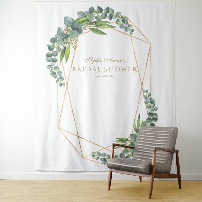 Luxury Eucalyptus Bloom Gold Bridal Shower Prop Tapestry (In Situ)