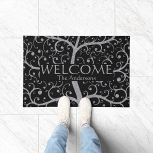 Luxury Family Tree Name Black Silver Personalised  Doormat