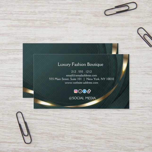 Luxury Fashion Boutique Dark Green Gold  Business Card (Front/Back In Situ)