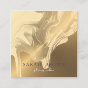 Luxury Faux Gold Brushed Metal Cream Marble Drips Square Business Card