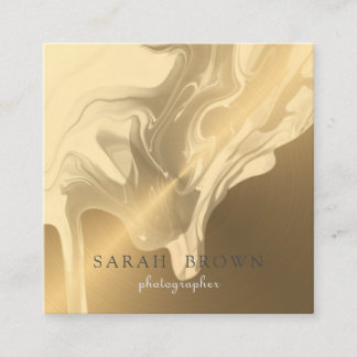 Luxury Faux Gold Brushed Metal Cream Marble Drips Square Business Card