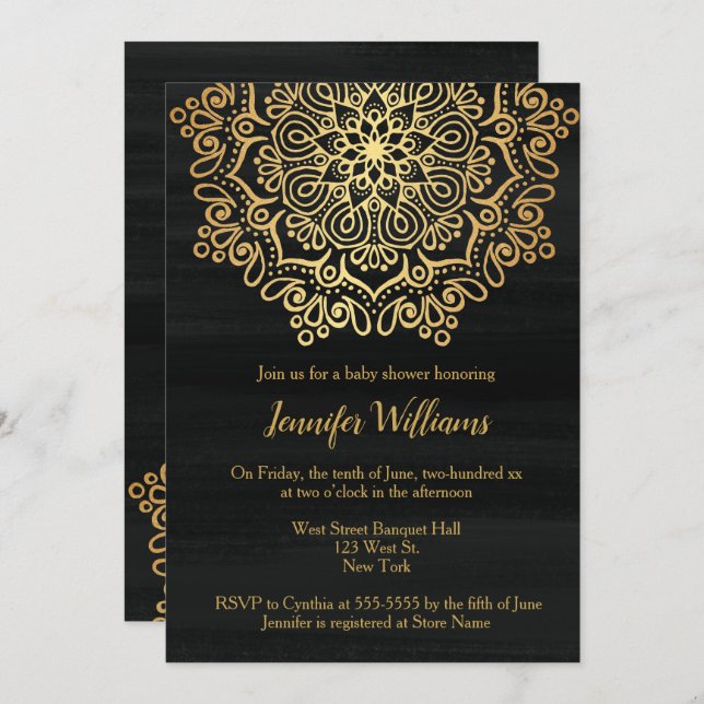 Luxury Faux Gold Mandala Black Baby Shower Invitation (Front/Back)