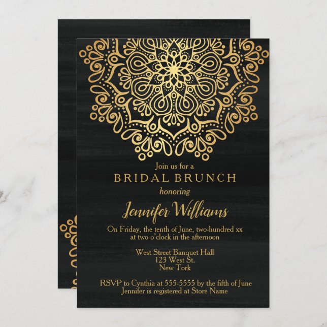 Luxury Faux Gold Mandala Black Bridal Brunch Invitation (Front/Back)