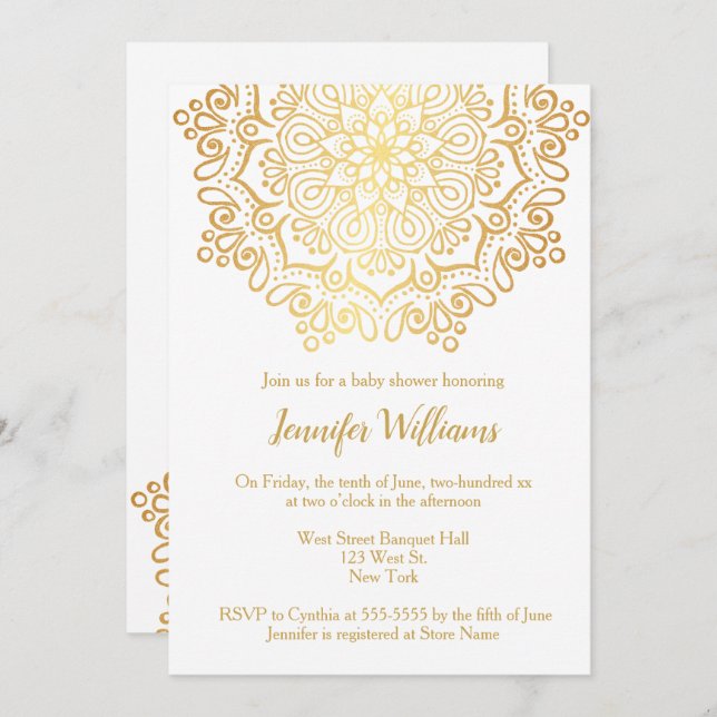 Luxury Faux Gold Mandala White Baby Shower Invitation (Front/Back)