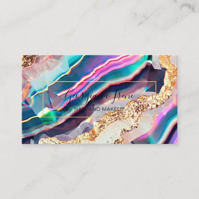 Luxury Faux Marble Agate Gold Colourful Rainbow Business Card (Front)